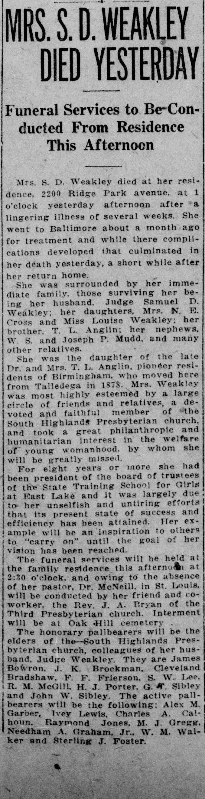 Mrs. S.D. Weakley obituary